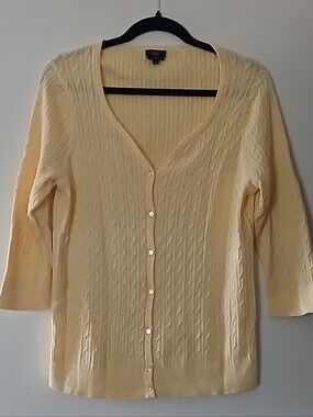 Talbots Light Butter Yellow Cable-Knit V-Neck Button Cardigan Pime Cotton Size L